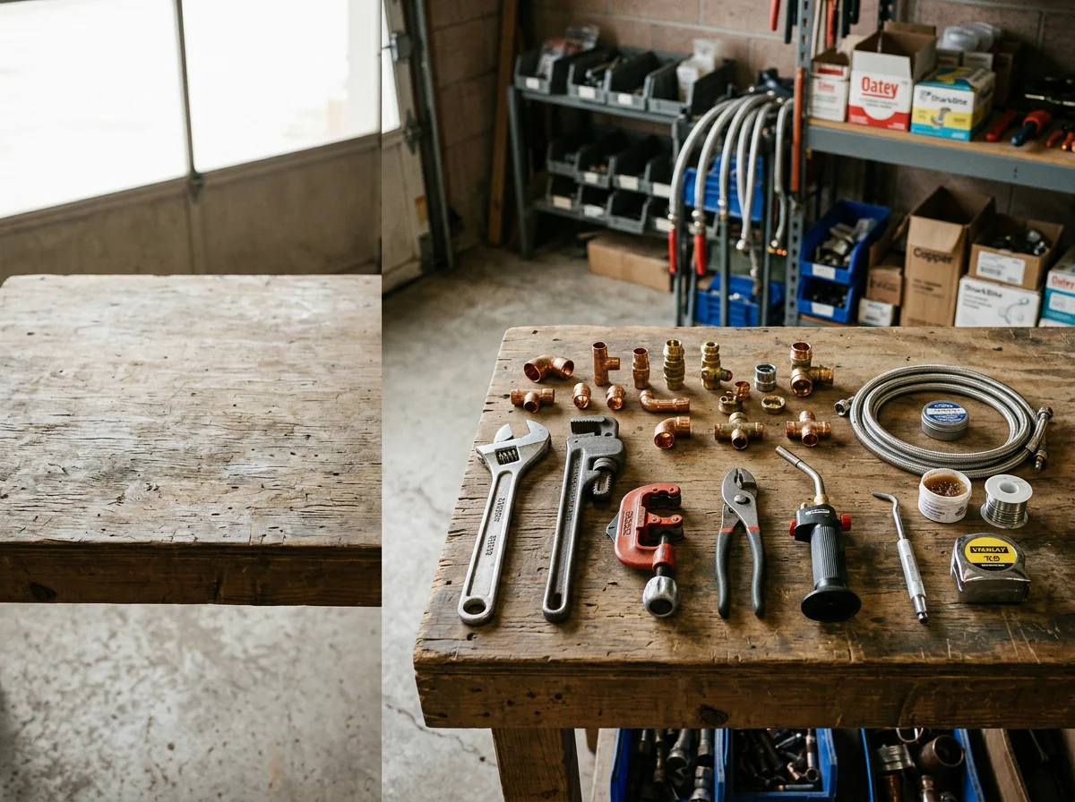Plumbing tools and equipment arranged on a work surface, representing professional service readiness.
