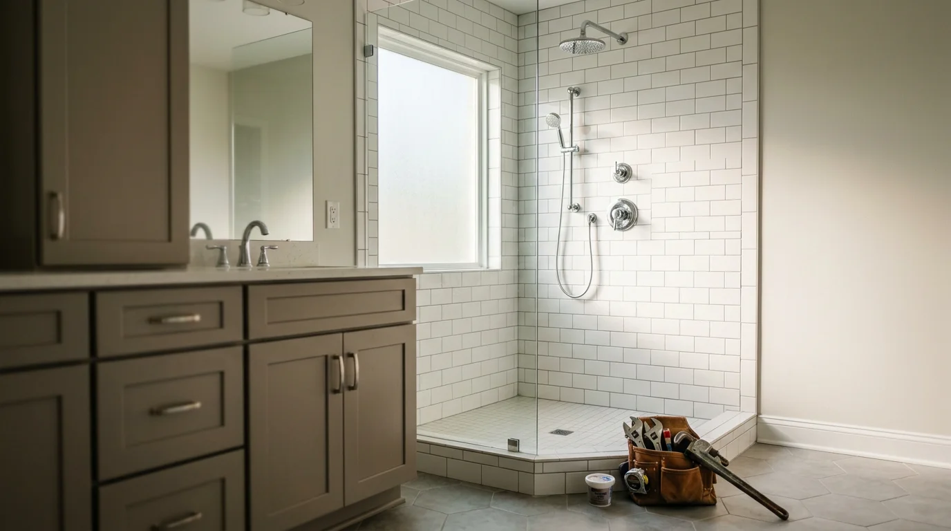 Modern remodeled bathroom with new fixtures and finishes