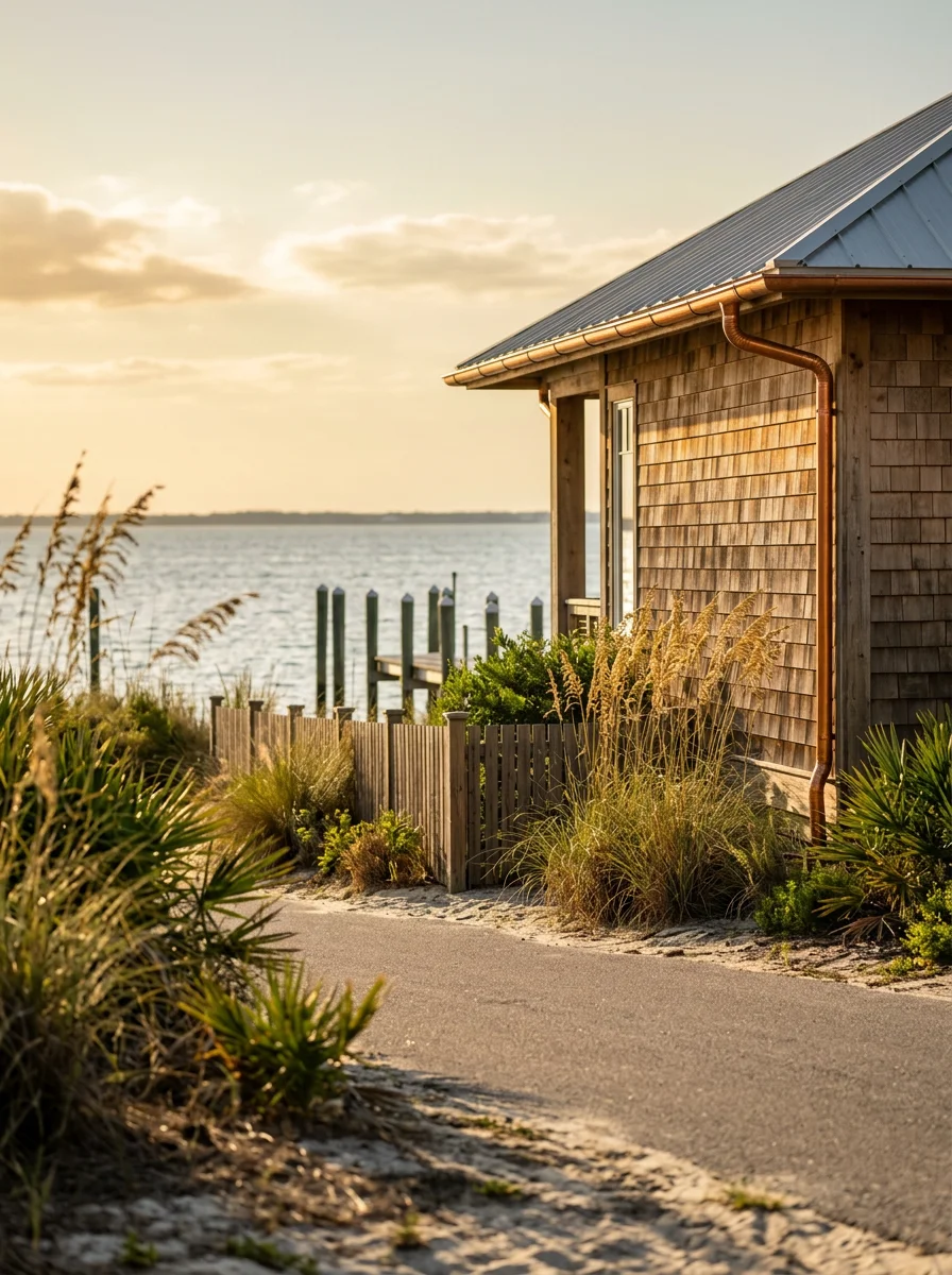Navarre waterfront property exterior with ocean view and coastal landscaping.
