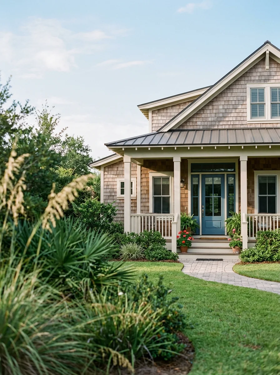 Close-up of a well-maintained Pensacola home exterior with coastal landscaping and clear blue sky.