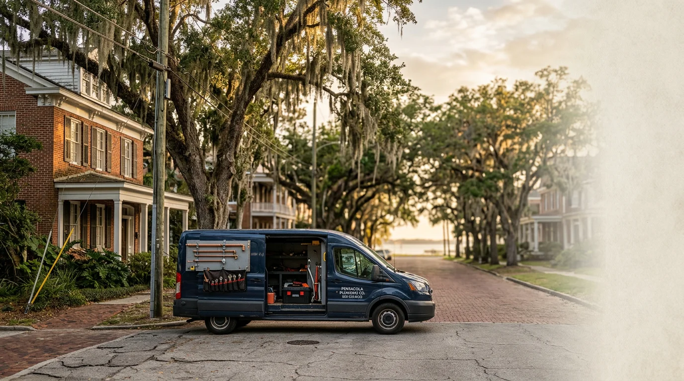 Pensacola waterfront neighborhood with historic homes and oak trees lining residential streets near the bay.