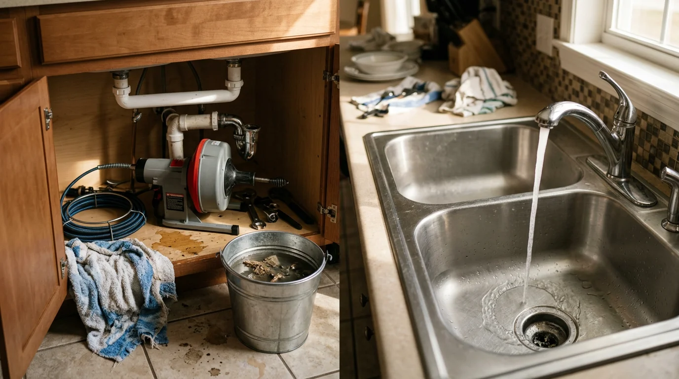 A licensed plumber from Mike Devine Plumbing LLC clearing a blocked kitchen drain in a Pensacola, Florida home. The drain line is fully accessible under the sink, showing the service in progress.