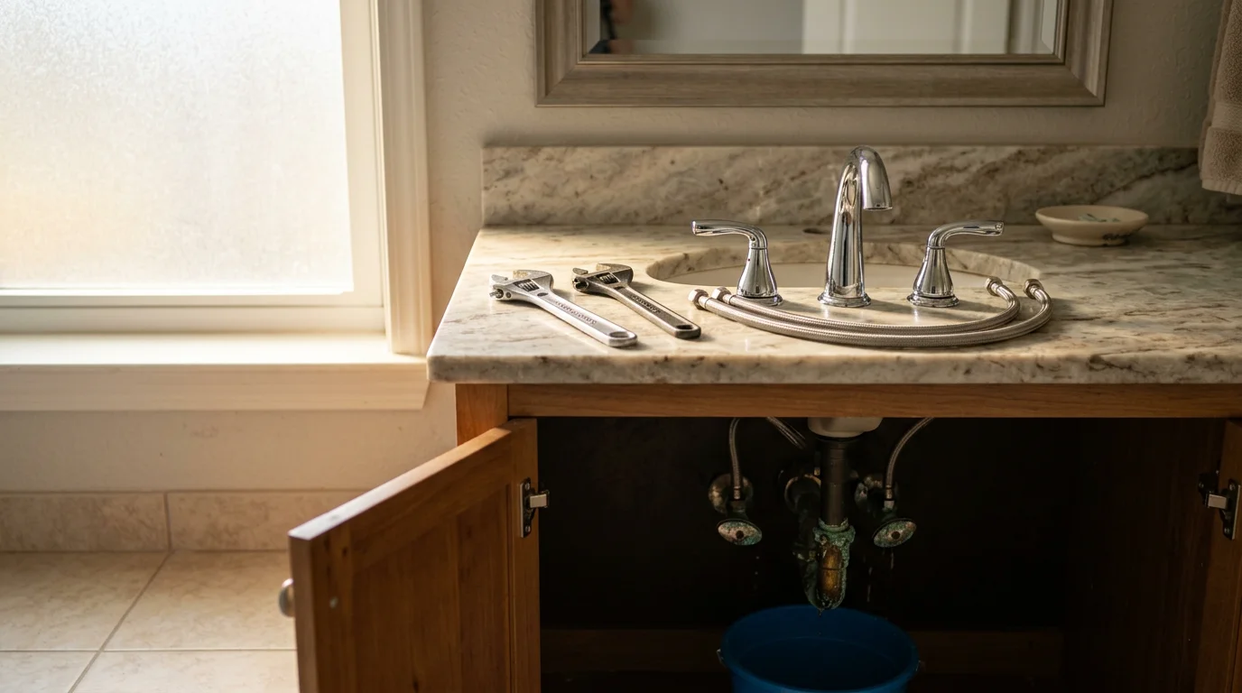 A newly installed widespread bathroom faucet on a white sink vanity inside a Pensacola, Florida home. The chrome fixture and fresh supply line connections are visible under clear cabinet lighting.