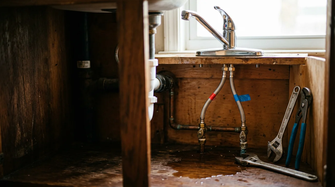 A newly installed single-handle pull-down kitchen faucet mounted on a white undermount sink in a Pensacola home kitchen. The area under the sink shows clean supply line connections and a replaced shutoff valve with no visible corrosion.