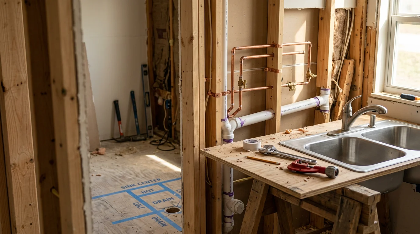 Newly remodeled kitchen in a Pensacola Florida home showing an updated sink, faucet, and cabinetry with visible plumbing connections under the sink bay. A licensed plumber from Mike Devine Plumbing LLC inspects the supply and drain lines beneath the kitchen island.