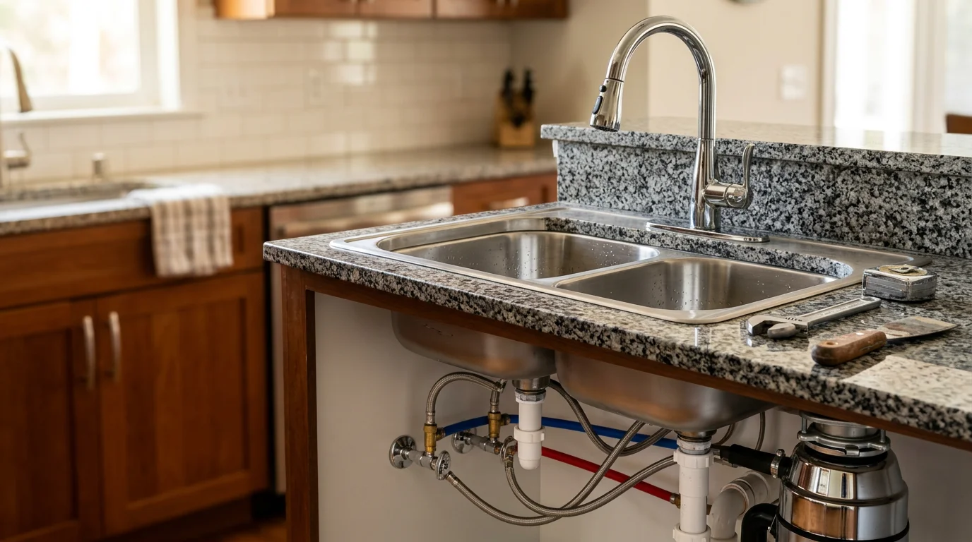 A newly installed stainless steel kitchen sink with connected supply and drain lines inside a Pensacola, Florida home. The under-sink cabinet shows clean plumbing connections and a new shutoff valve after a professional replacement.