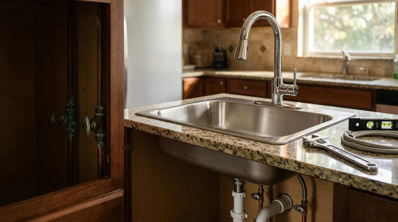 A newly installed undermount kitchen sink with a pull-down faucet and clean supply line connections in a remodeled Pensacola, Florida home. The cabinet interior shows fresh shutoff valves and a properly fitted drain trap.