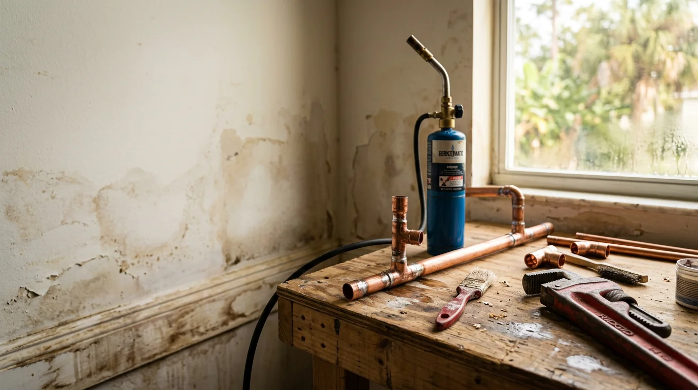 A licensed plumber repairing a leaking pipe under a kitchen sink in a single-family home in Pensacola, Florida. The work area shows exposed supply lines and a drain connection being inspected and sealed.