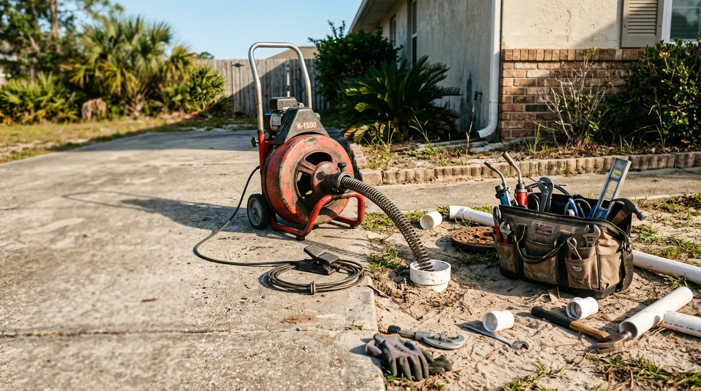A plumber using a professional drain auger to clear a main sewer line at a Pensacola, Florida home. The cleanout access point is visible near the home's foundation in a residential yard setting.