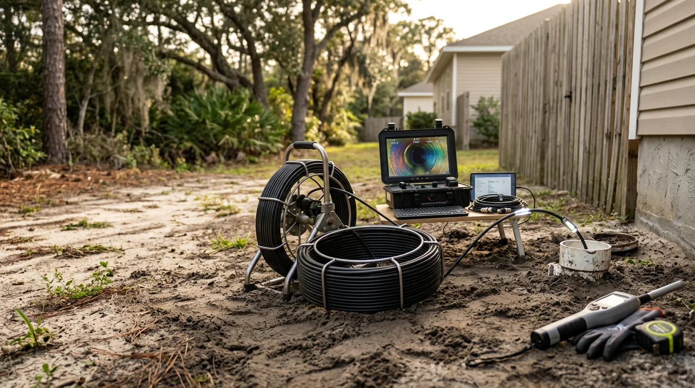 A plumbing technician feeding a video camera line into a sewer cleanout access point at a residential property in Pensacola, Florida. The camera monitor displays the interior of the underground sewer pipe, showing the pipe walls and any visible buildup or damage.