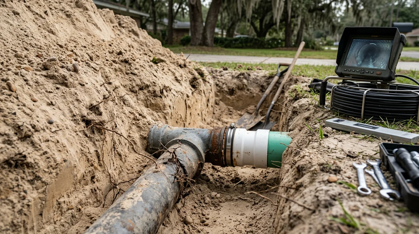 A plumber from Mike Devine Plumbing LLC inspecting an excavated sewer line at a residential property in Pensacola, Florida. The image shows a section of damaged underground pipe exposed in sandy soil next to a home's foundation.