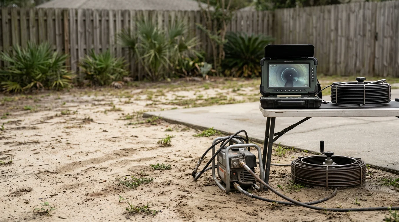 A plumber from Mike Devine Plumbing LLC running a sewer camera inspection on a residential sewer line in Pensacola, Florida. The camera feed displays the interior of an underground pipe showing a root intrusion blockage.