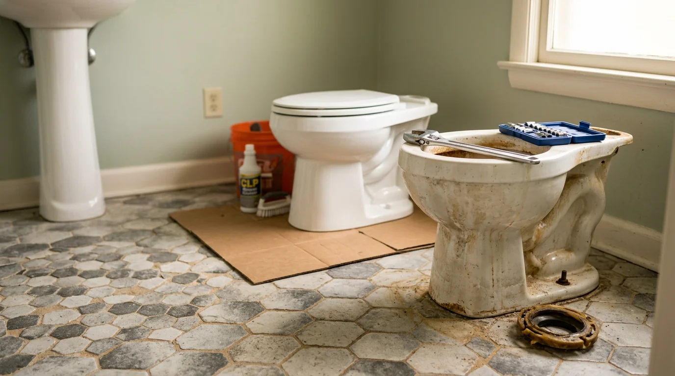 A plumber replacing a wax ring seal on a toilet in a Pensacola, Florida bathroom during a toilet repair service call. The toilet is removed from the floor, exposing the flange and drain connection for inspection.
