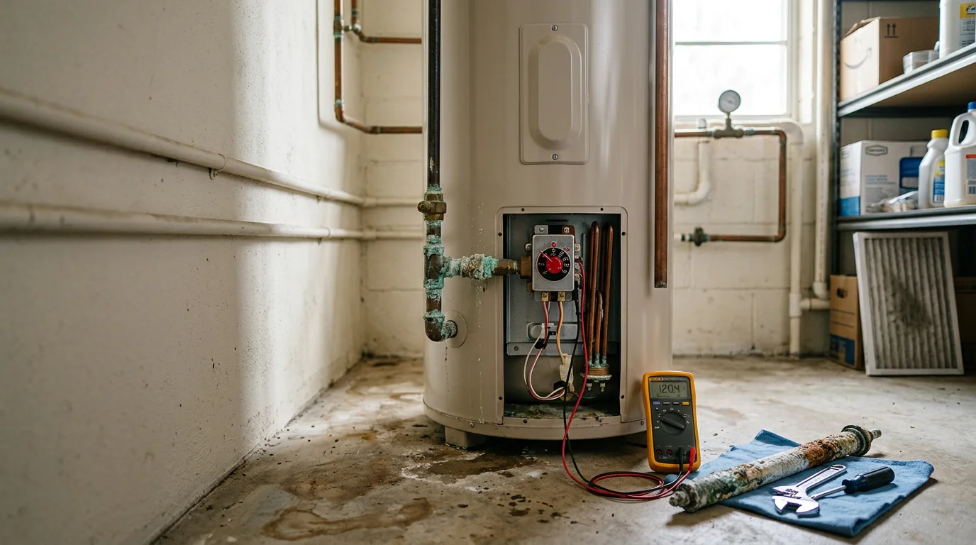 A licensed plumber from Mike Devine Plumbing LLC inspecting a residential water heater tank in a Pensacola, Florida utility room. The image shows the technician checking connections and components on a tank-style unit installed in a slab-foundation home.