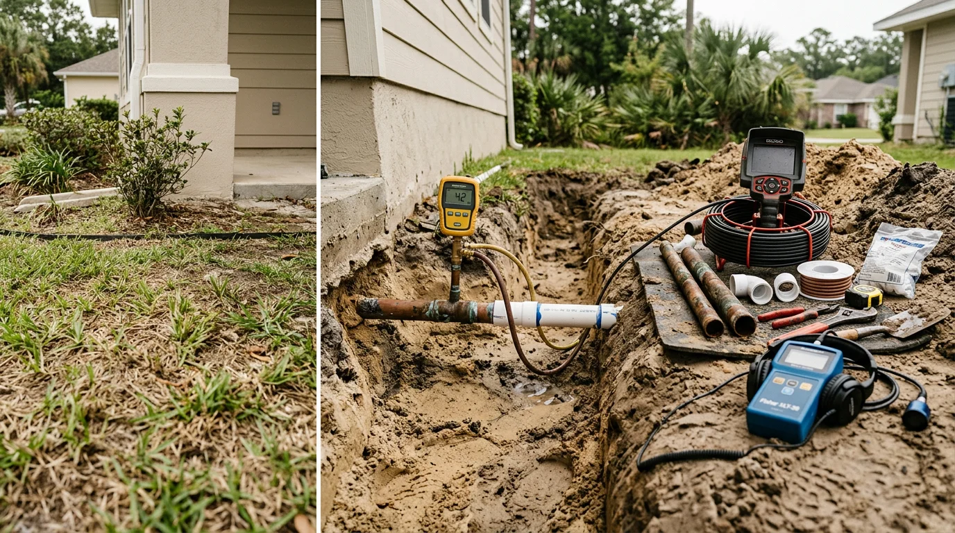 A plumber inspecting an exposed underground water line in a Pensacola, Florida residential yard with sandy soil visible around the excavation. The image shows a corroded pipe section being assessed for repair or replacement.